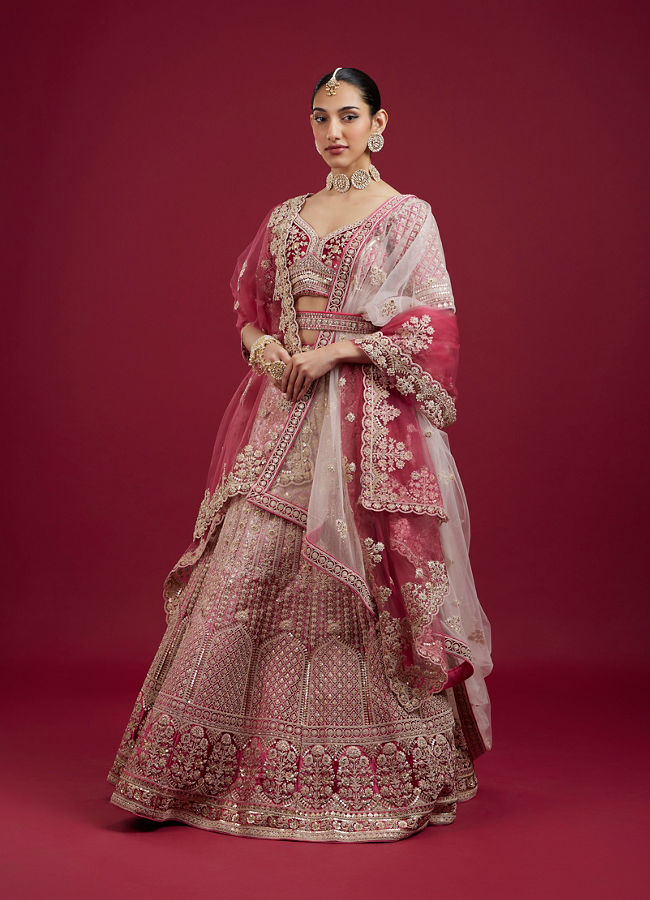 Mohey Women Coral And Light Pink Aari Embroidered Lehenga with Mirror Work