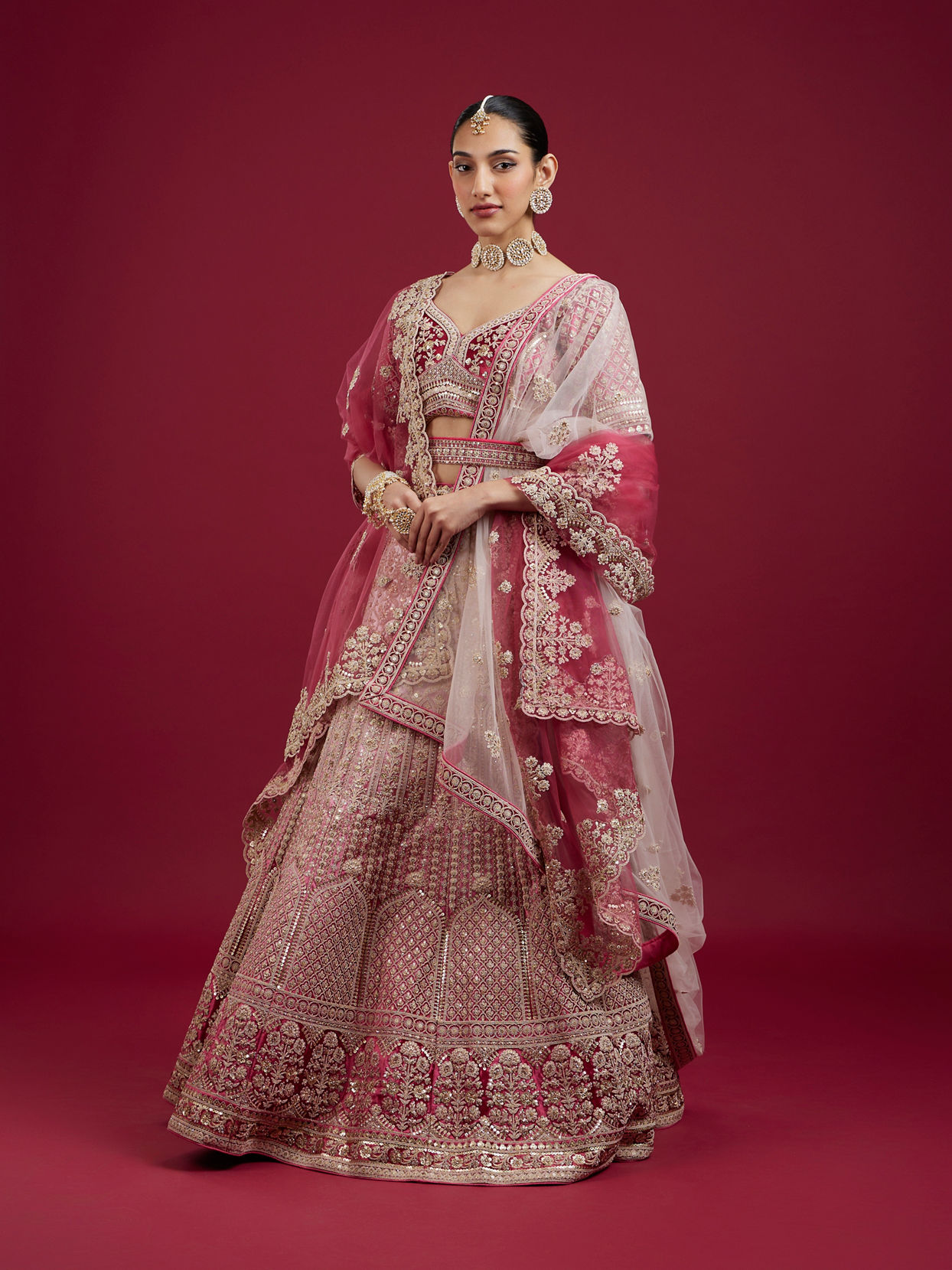 Mohey Women Coral And Light Pink Aari Embroidered Lehenga with Mirror Work
