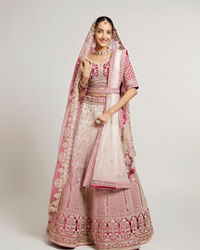 Mohey Women Coral and Light Pink Aari Embroidered Lehenga with Mirror Work