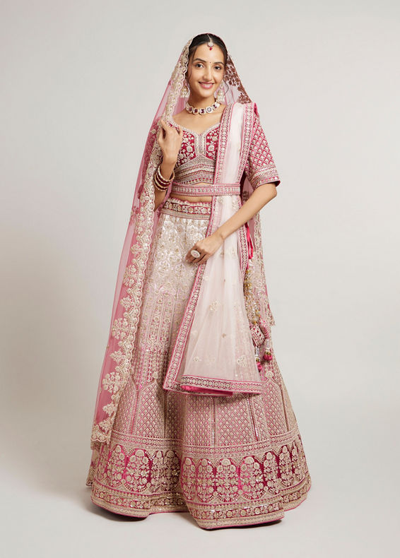 Mohey Women Coral and Light Pink Aari Embroidered Lehenga with Mirror Work