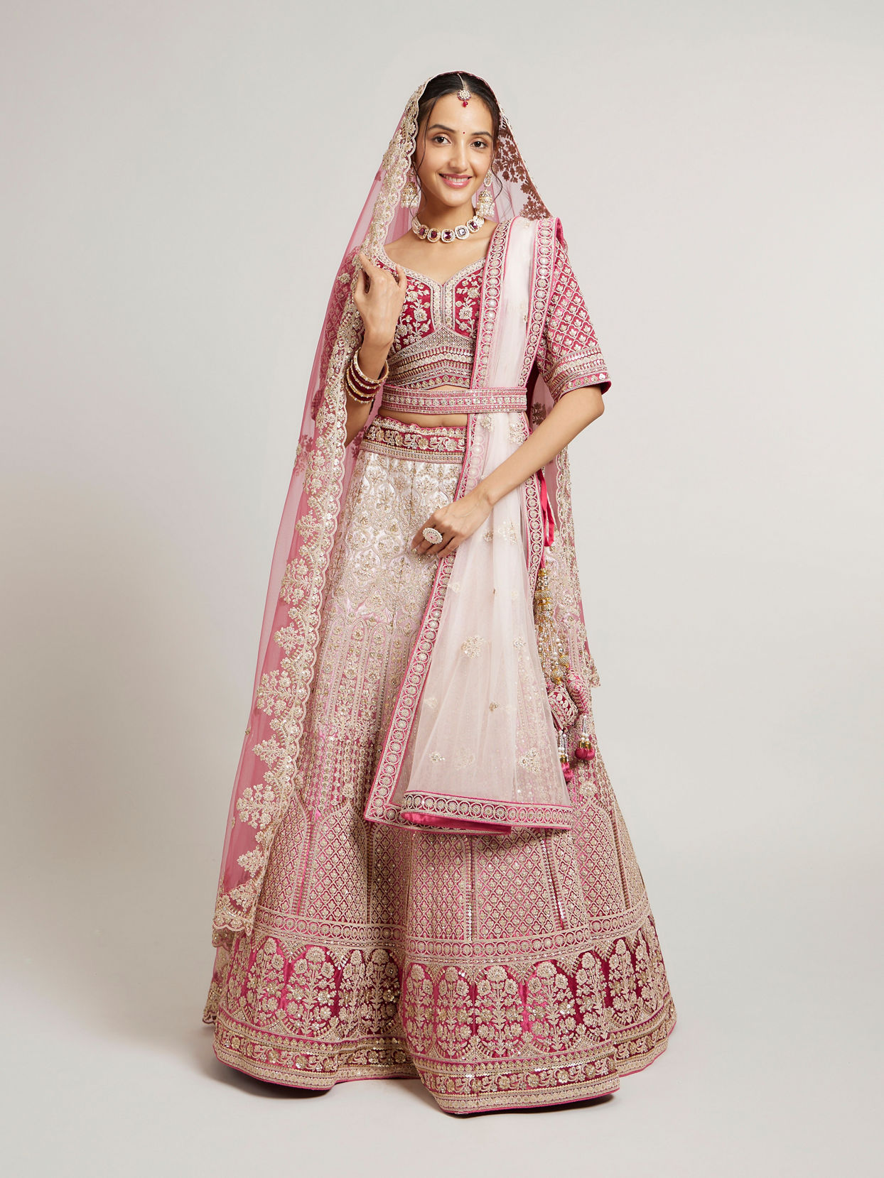 alt message - Mohey Women Coral Velvet Lehenga Euphoria image number 0