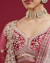 Mohey Women Coral And Light Pink Aari Embroidered Lehenga with Mirror Work