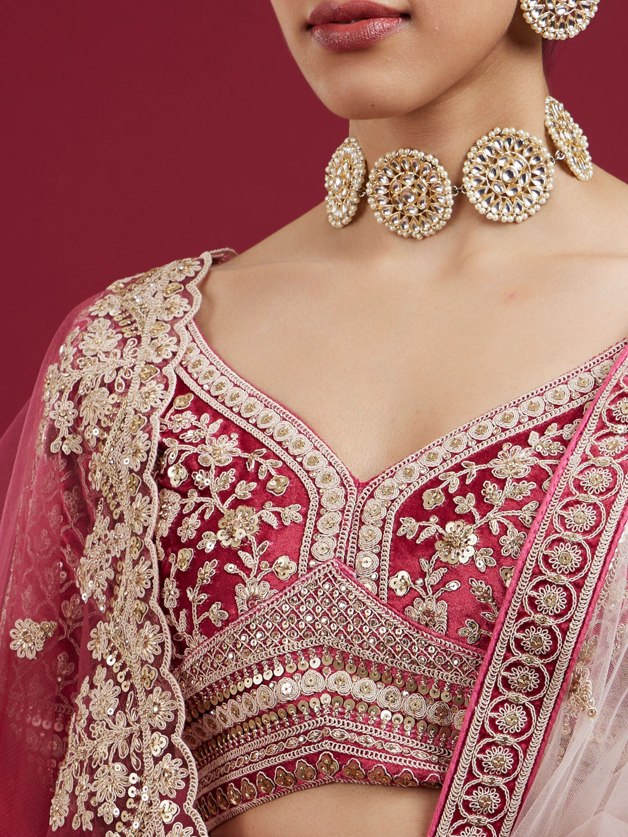 Mohey Women Coral And Light Pink Aari Embroidered Lehenga with Mirror Work