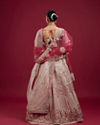 Mohey Women Coral And Light Pink Aari Embroidered Lehenga with Mirror Work