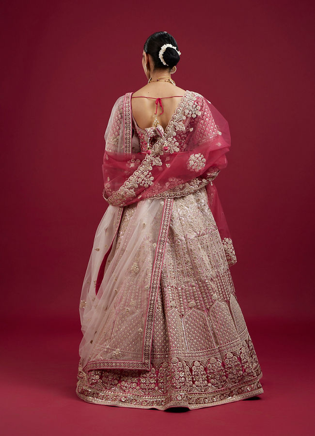 Mohey Women Coral And Light Pink Aari Embroidered Lehenga with Mirror Work