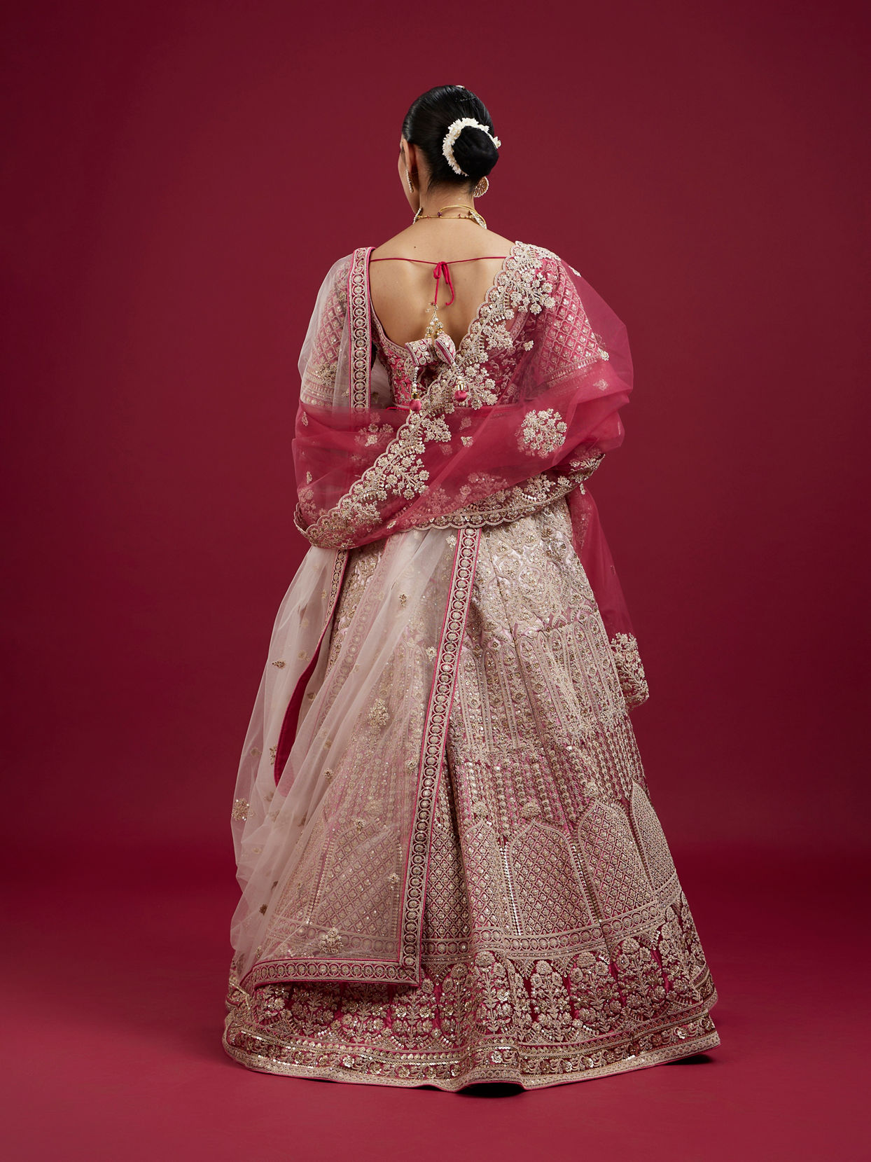 Mohey Women Coral And Light Pink Aari Embroidered Lehenga with Mirror Work