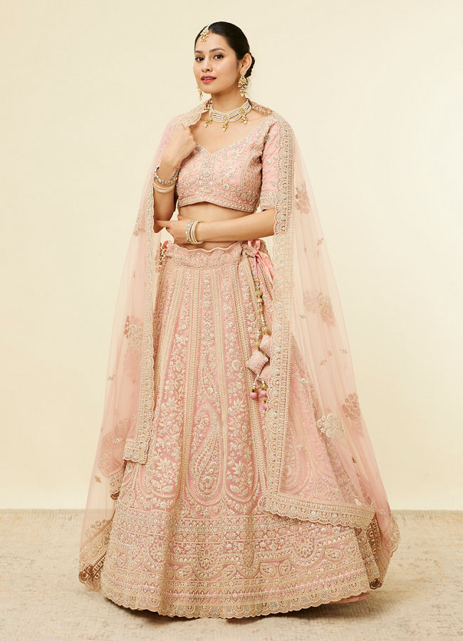 Mohey Women Light Pink Imperial Paisley Patterned Bridal Lehenga