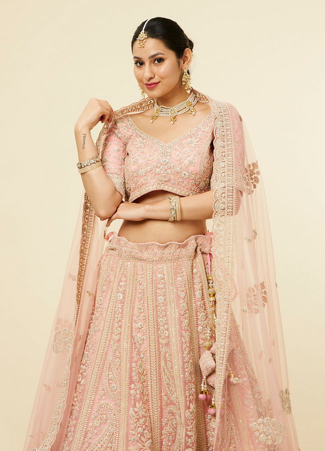 Mohey Women Light Pink Imperial Paisley Patterned Bridal Lehenga