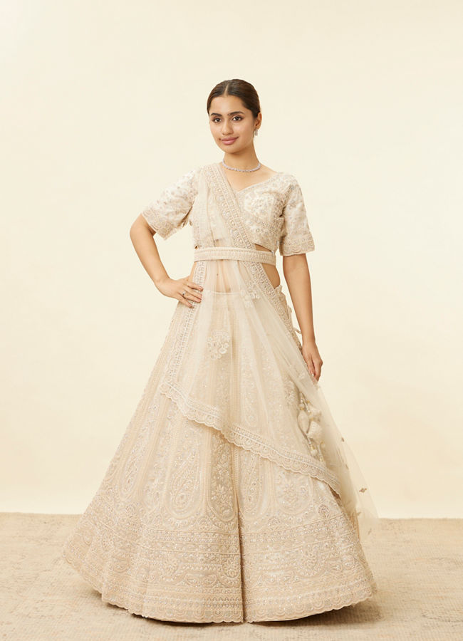 Mohey Women Beige Cream Stone and Sequin Work Bridal Lehenga