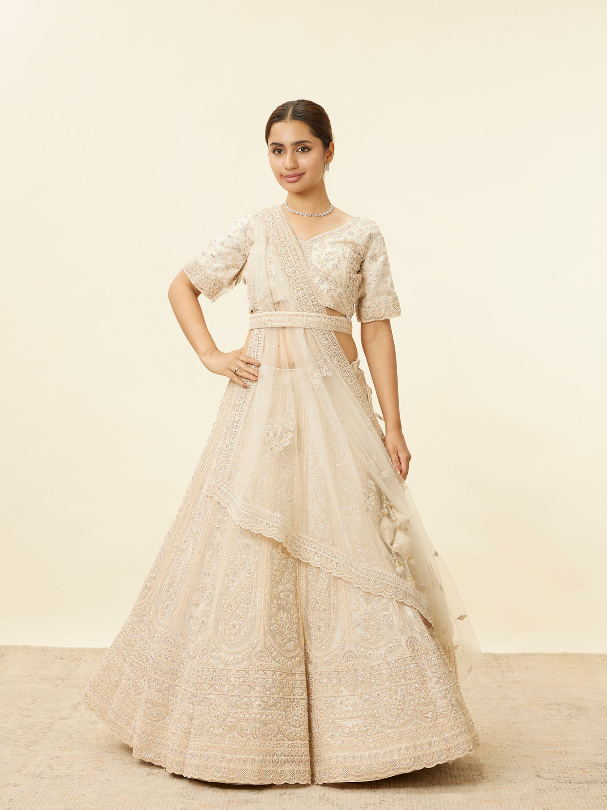 Mohey Women Beige Cream Stone and Sequin Work Bridal Lehenga