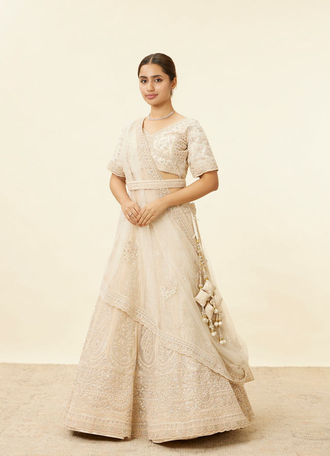Mohey Women Beige Cream Stone and Sequin Work Bridal Lehenga