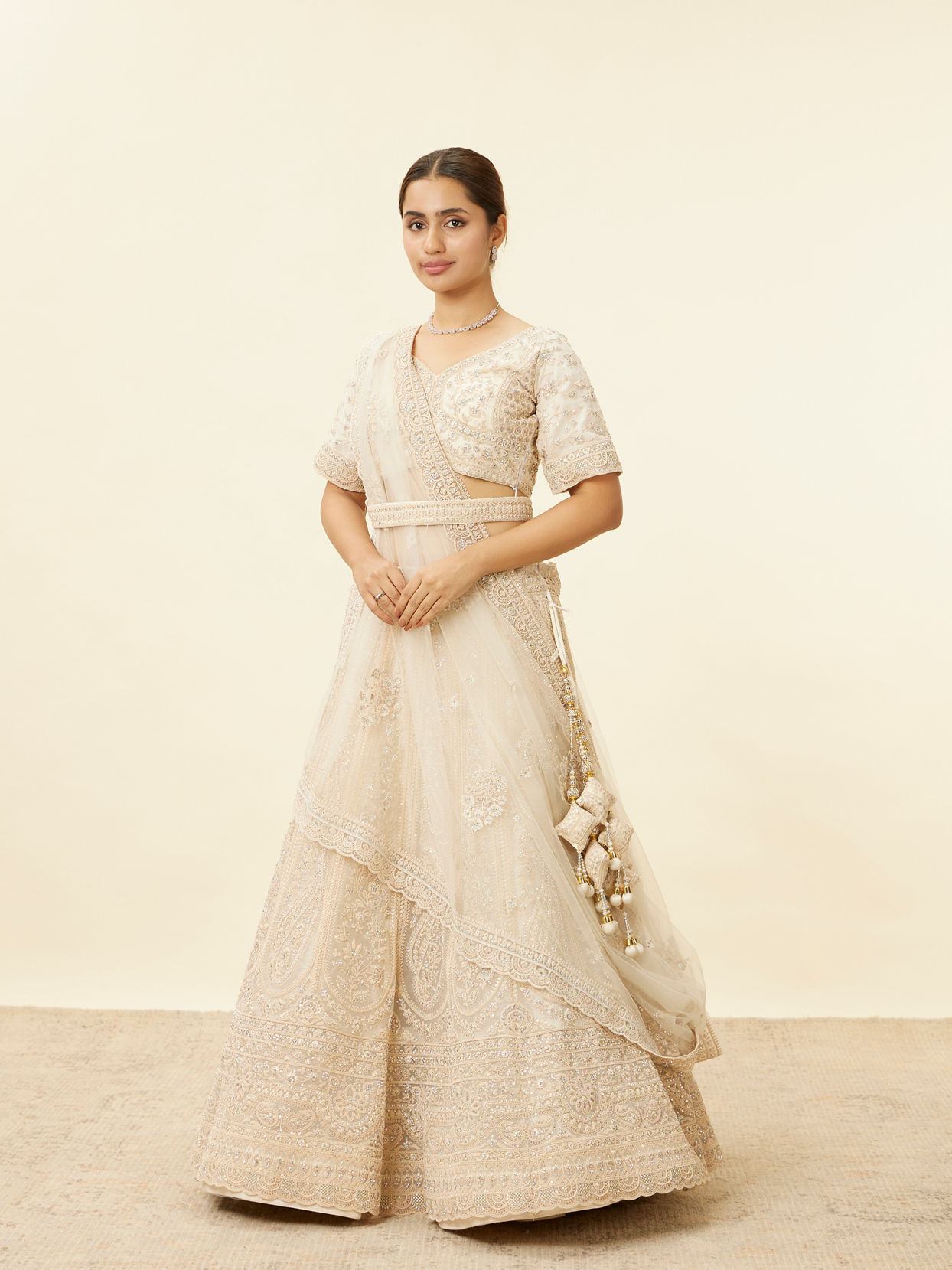 Mohey Women Beige Cream Stone and Sequin Work Bridal Lehenga