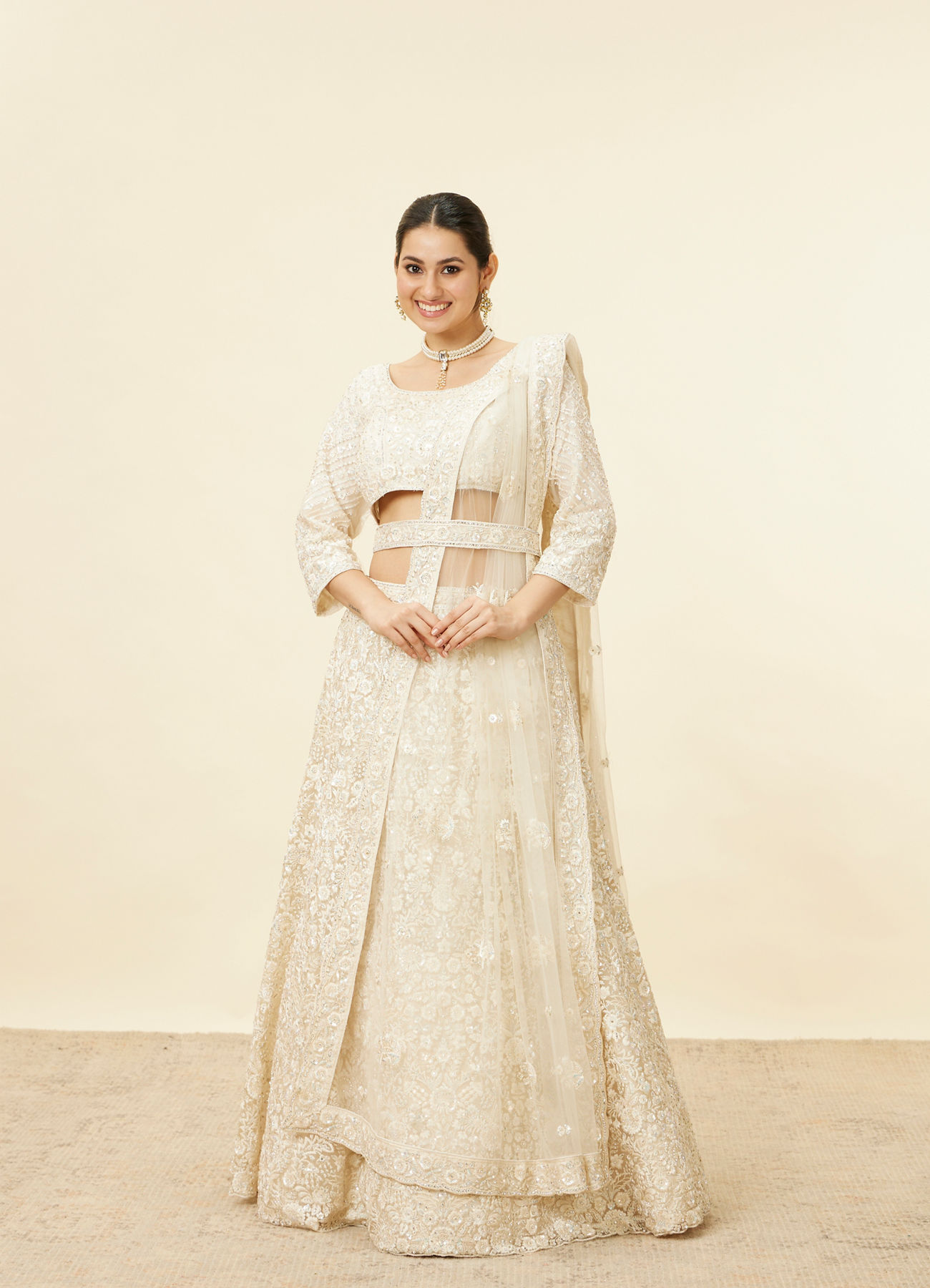 Mohey Women Daisy Cream Floral Embroidered Sequinned Bridal Lehenga