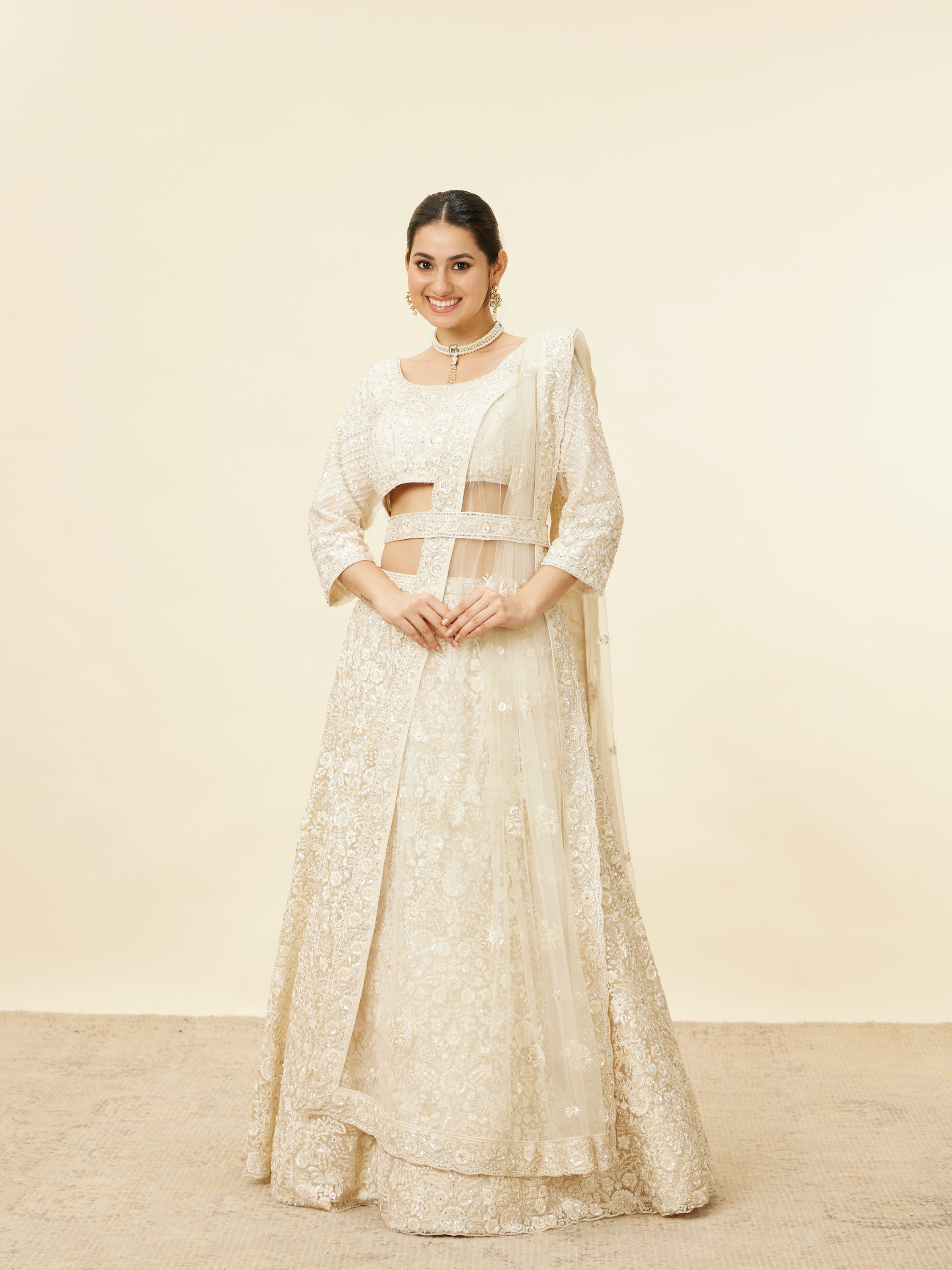 Mohey Women Daisy Cream Floral Embroidered Sequinned Bridal Lehenga