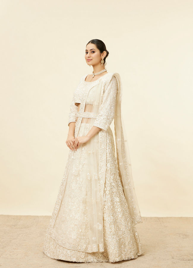Mohey Women Daisy Cream Floral Embroidered Sequinned Bridal Lehenga