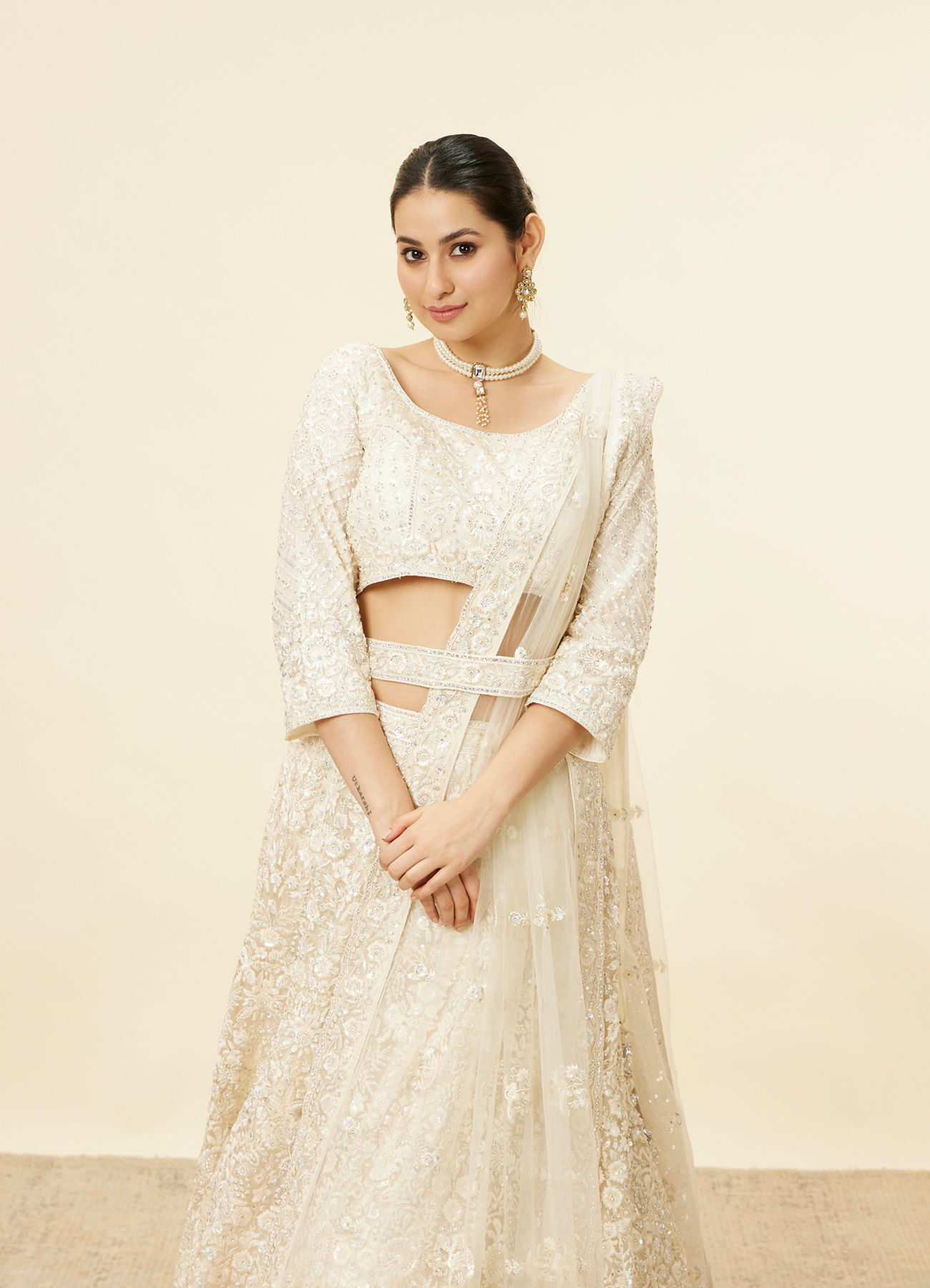 Mohey Women Daisy Cream Floral Embroidered Sequinned Bridal Lehenga