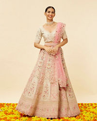 Mohey Women Rose Pink and Light Sea Green Embroidered Bridal Lehenga