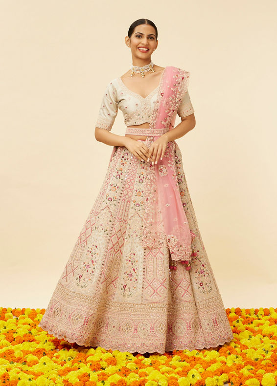 Mohey Women Rose Pink and Light Sea Green Embroidered Bridal Lehenga