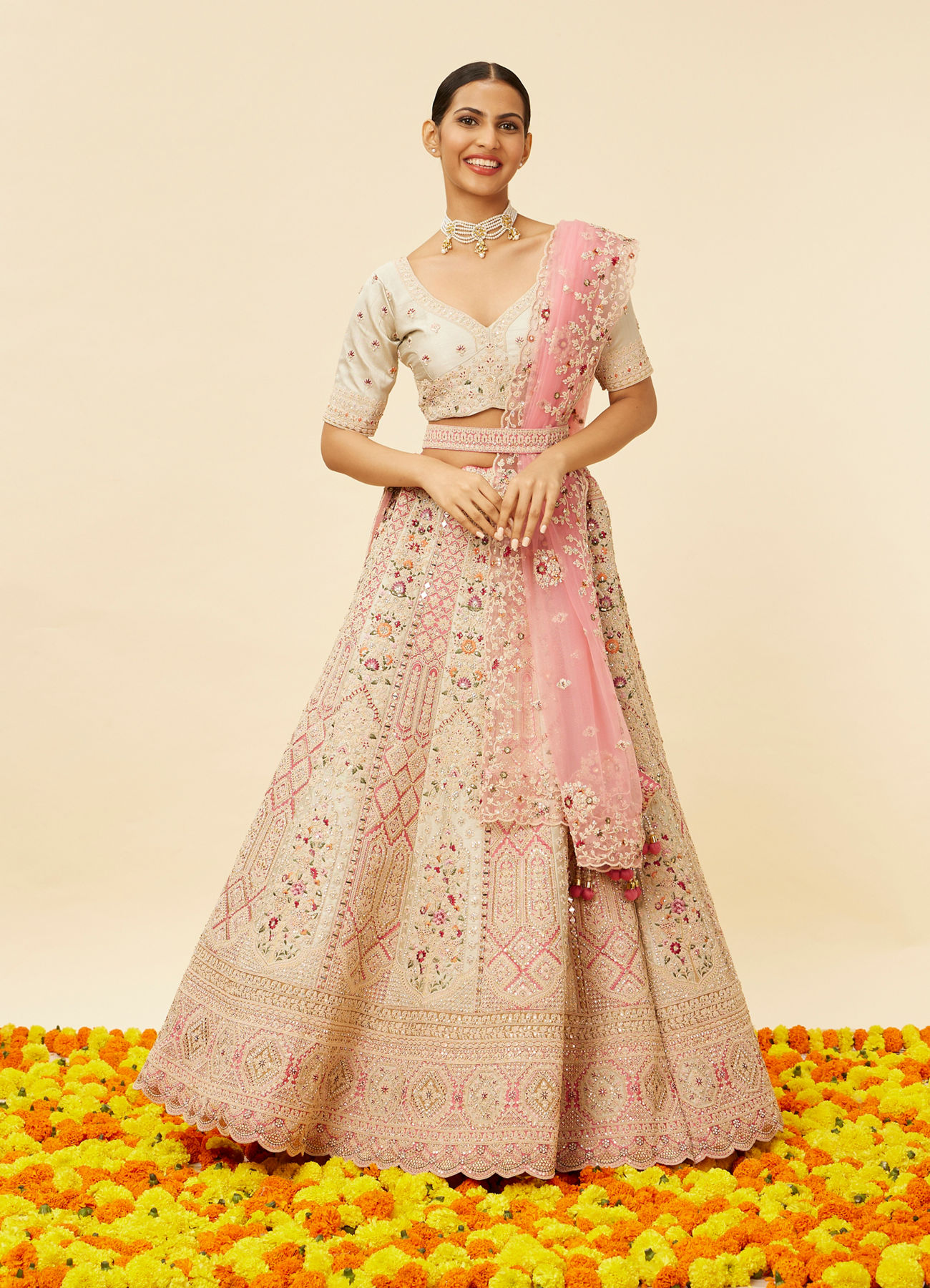 Mohey Women Rose Pink and Light Sea Green Embroidered Bridal Lehenga