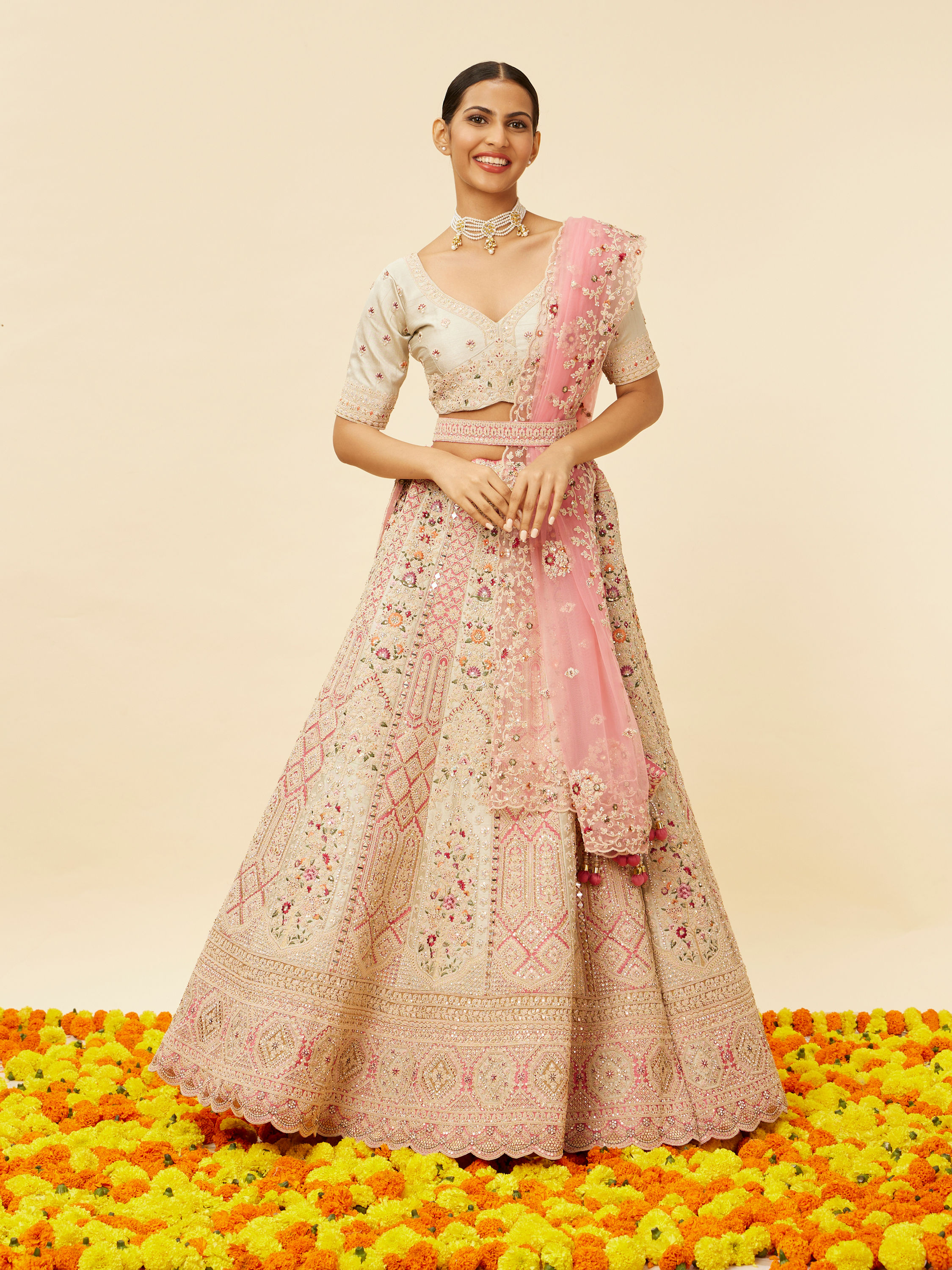 Mohey Women Rose Pink and Light Sea Green Embroidered Bridal Lehenga