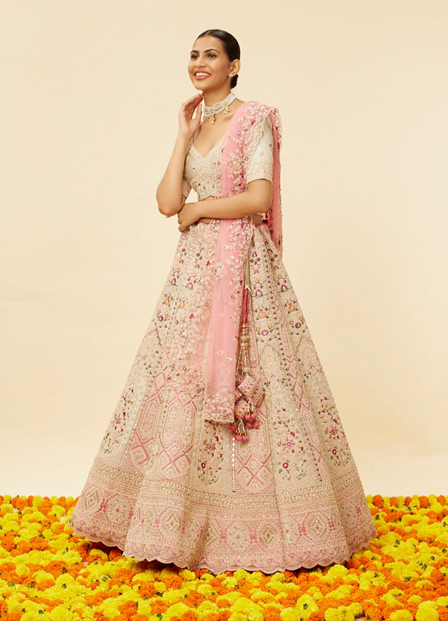 Mohey Women Rose Pink and Light Sea Green Embroidered Bridal Lehenga