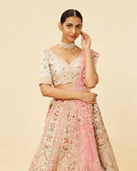 Mohey Women Rose Pink and Light Sea Green Embroidered Bridal Lehenga