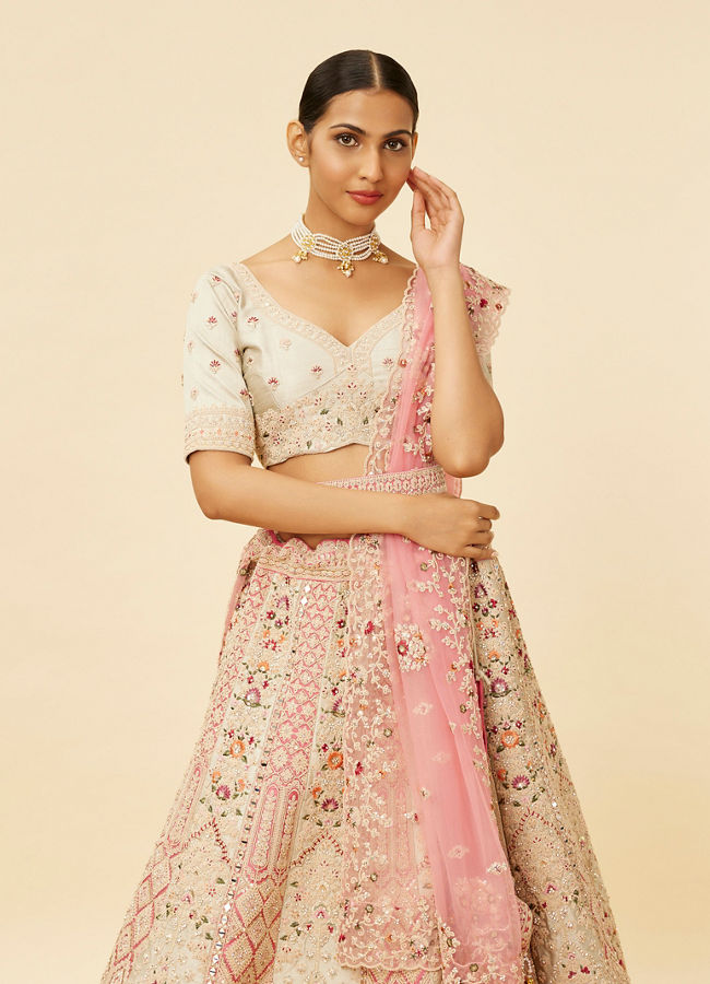 Mohey Women Rose Pink and Light Sea Green Embroidered Bridal Lehenga