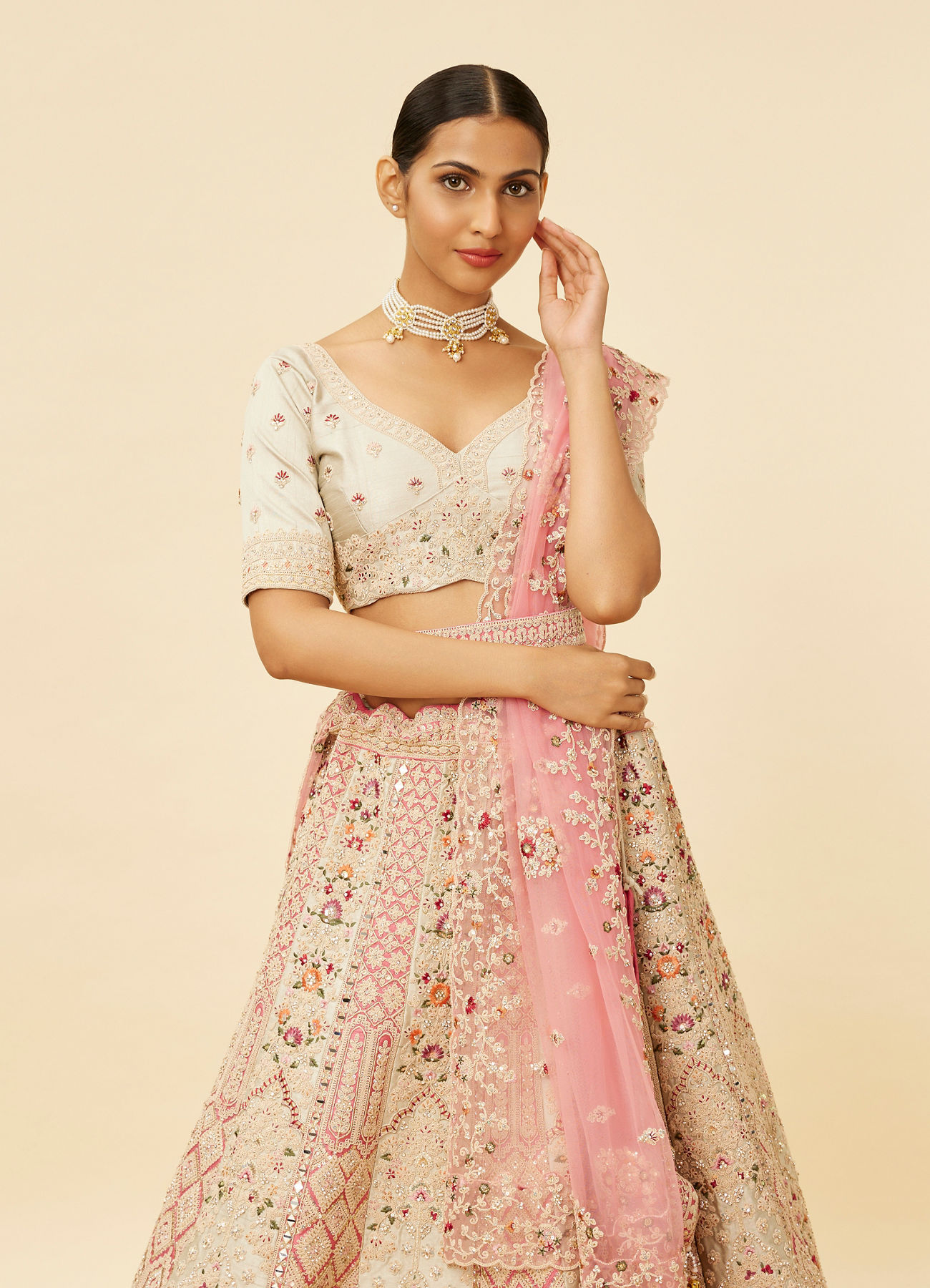 Mohey Women Rose Pink and Light Sea Green Embroidered Bridal Lehenga