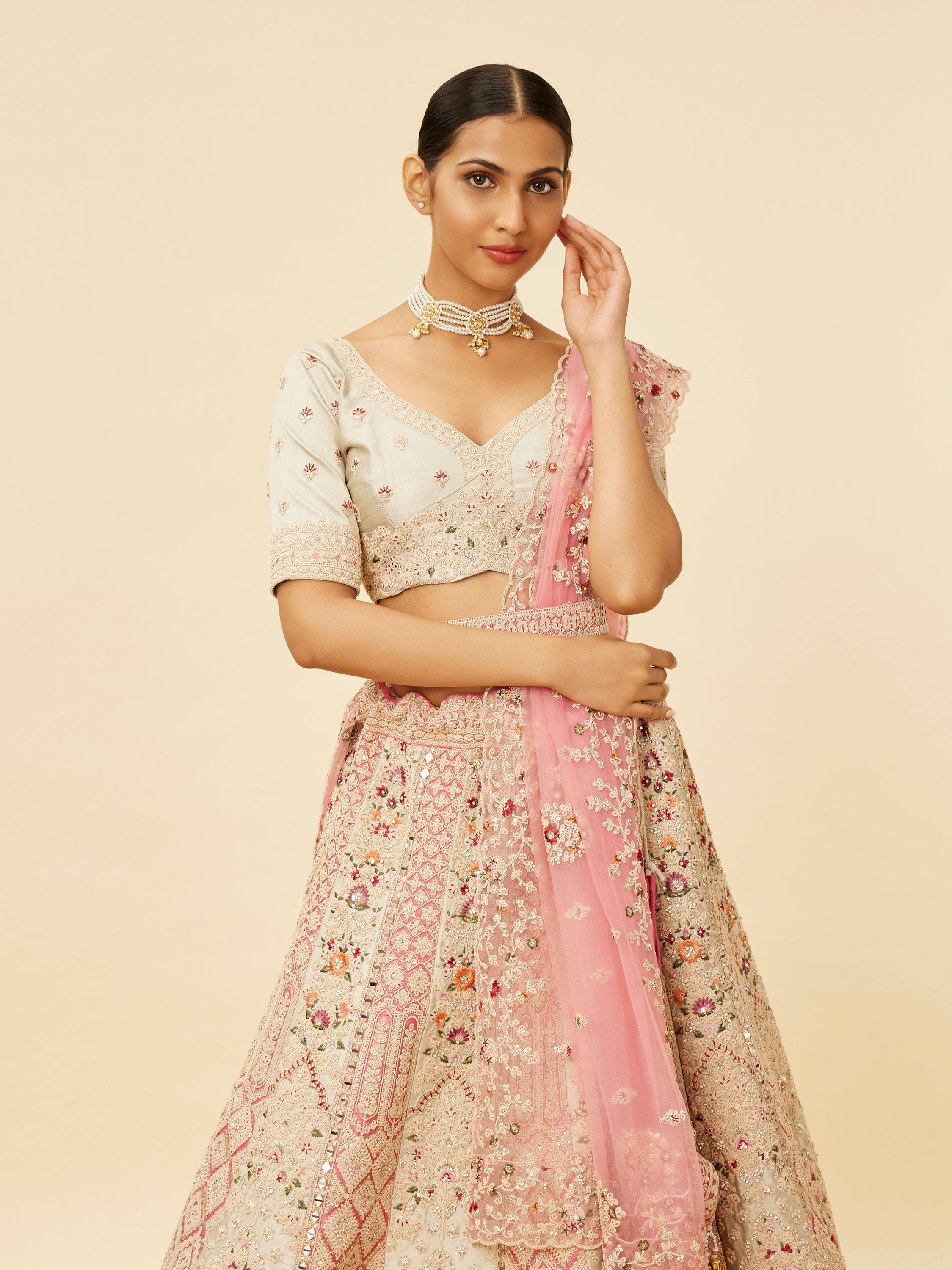 Mohey Women Rose Pink and Light Sea Green Embroidered Bridal Lehenga