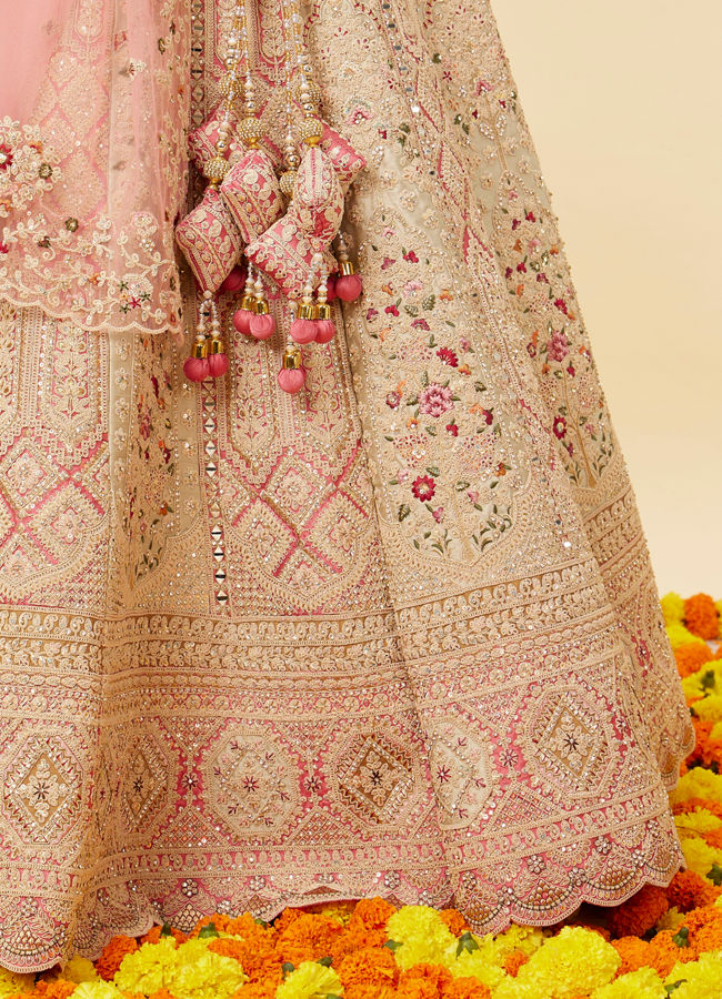 Mohey Women Rose Pink and Light Sea Green Embroidered Bridal Lehenga