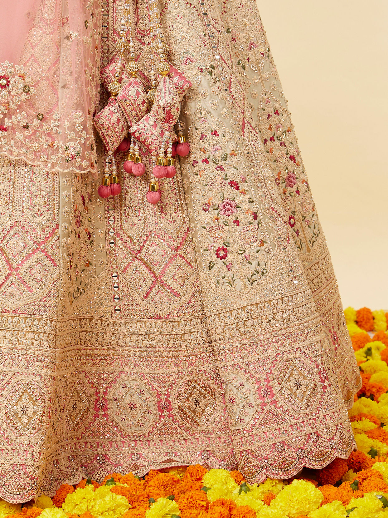 Mohey Women Rose Pink and Light Sea Green Embroidered Bridal Lehenga