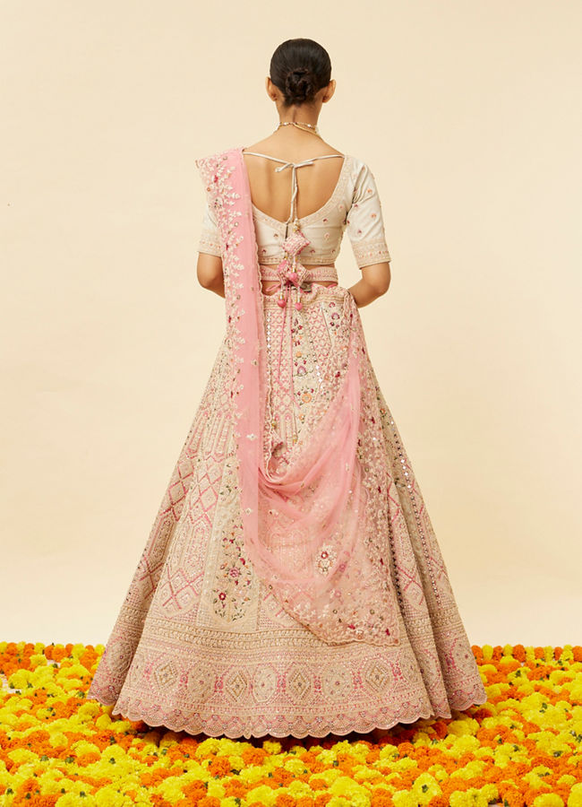 Mohey Women Rose Pink and Light Sea Green Embroidered Bridal Lehenga