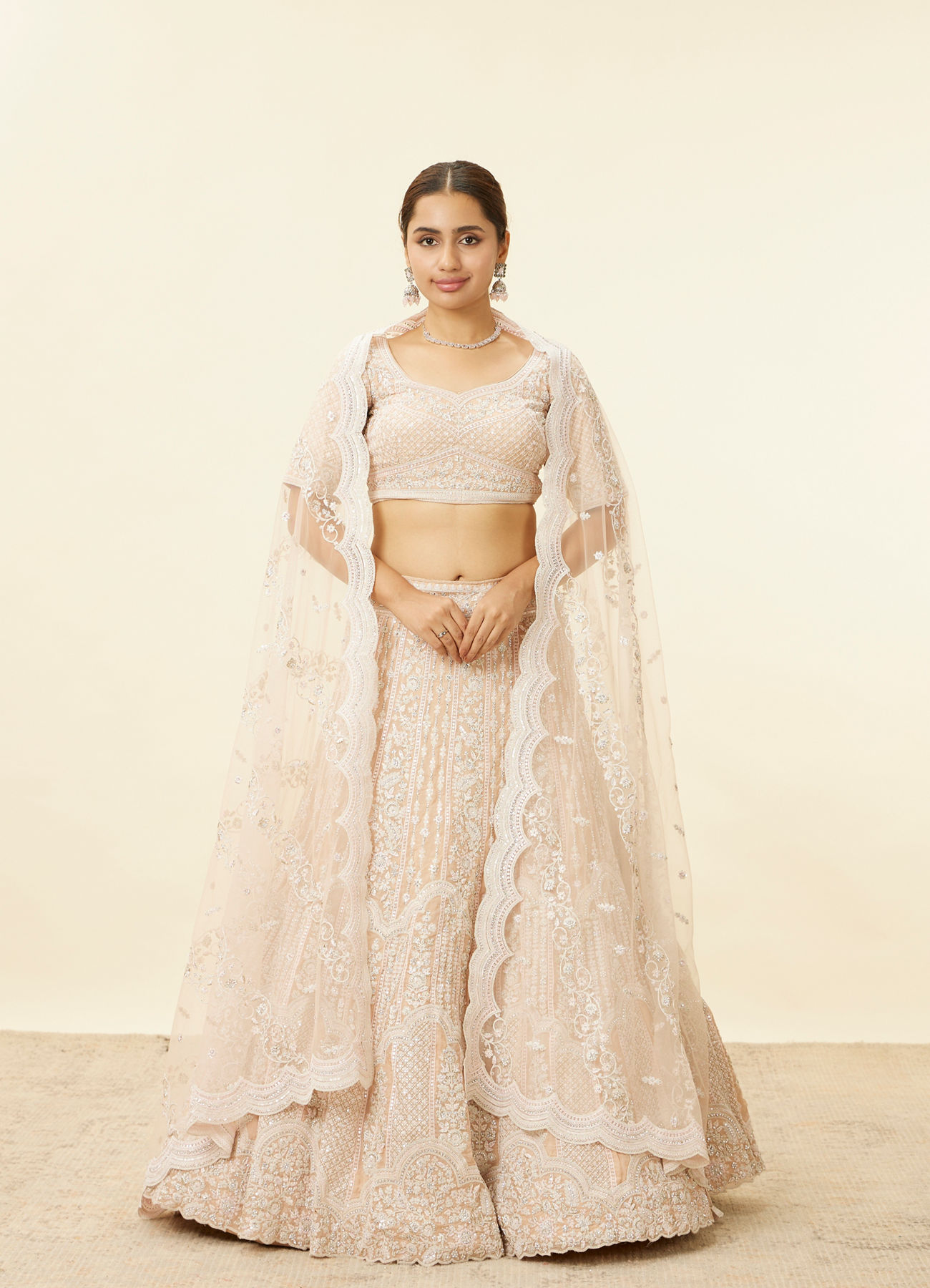 Mohey Women Peach Fuzz Sequin and Bead Work Bridal Lehenga