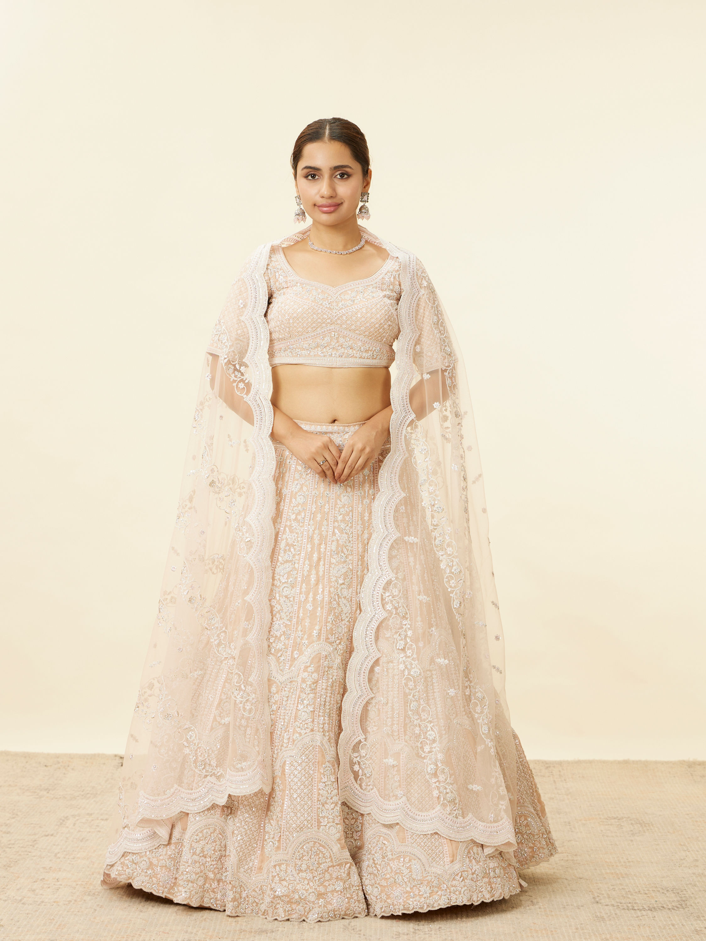 Mohey Women Peach Fuzz Sequin and Bead Work Bridal Lehenga