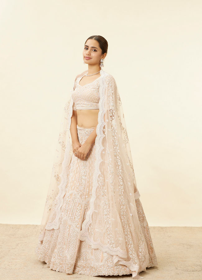 Mohey Women Peach Fuzz Sequin and Bead Work Bridal Lehenga