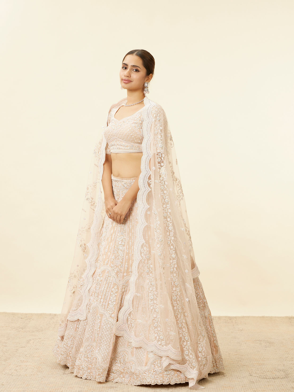 Mohey Women Peach Fuzz Sequin and Bead Work Bridal Lehenga