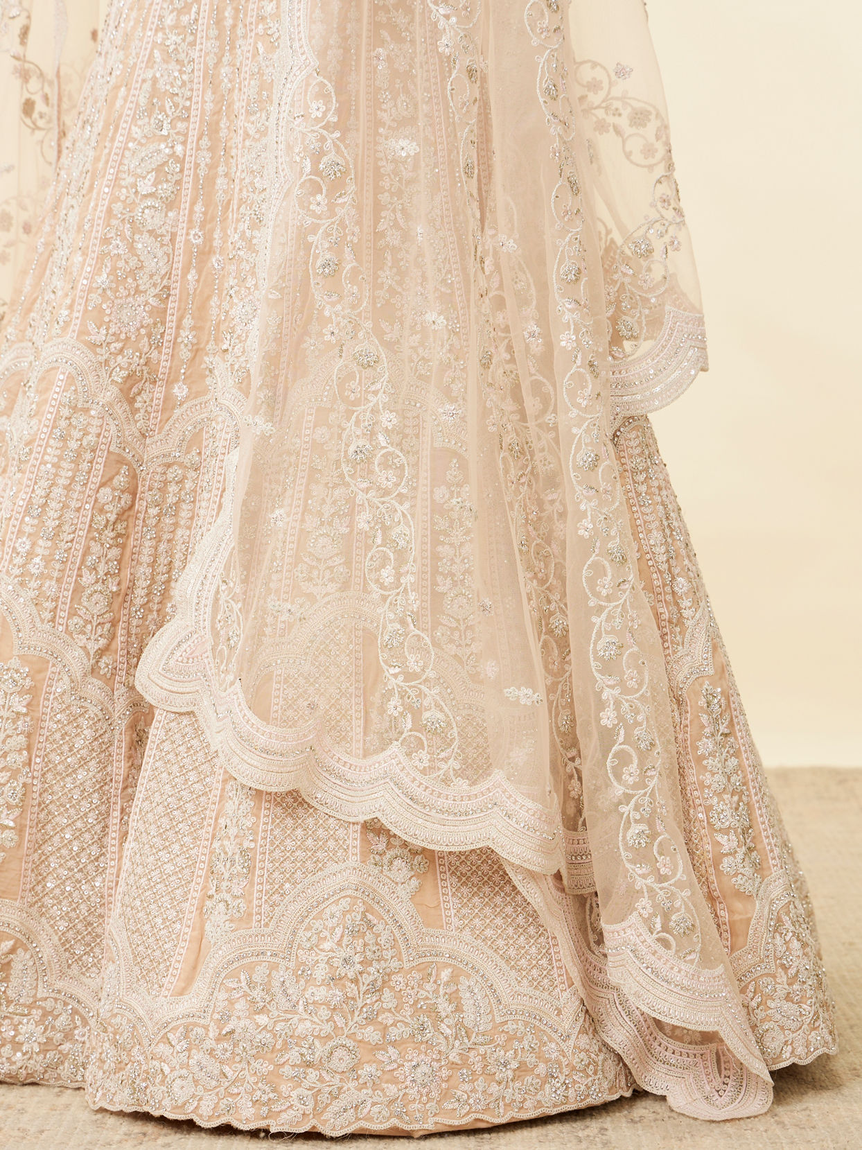 Mohey Women Peach Fuzz Sequin and Bead Work Bridal Lehenga