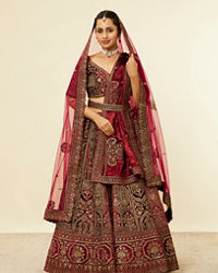 Mohey Women Maroon Paisley Floral Embroidered Bridal Lehenga