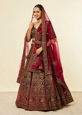 alt message - Mohey Women Maroon Paisley Floral Embroidered Bridal Lehenga image number 2