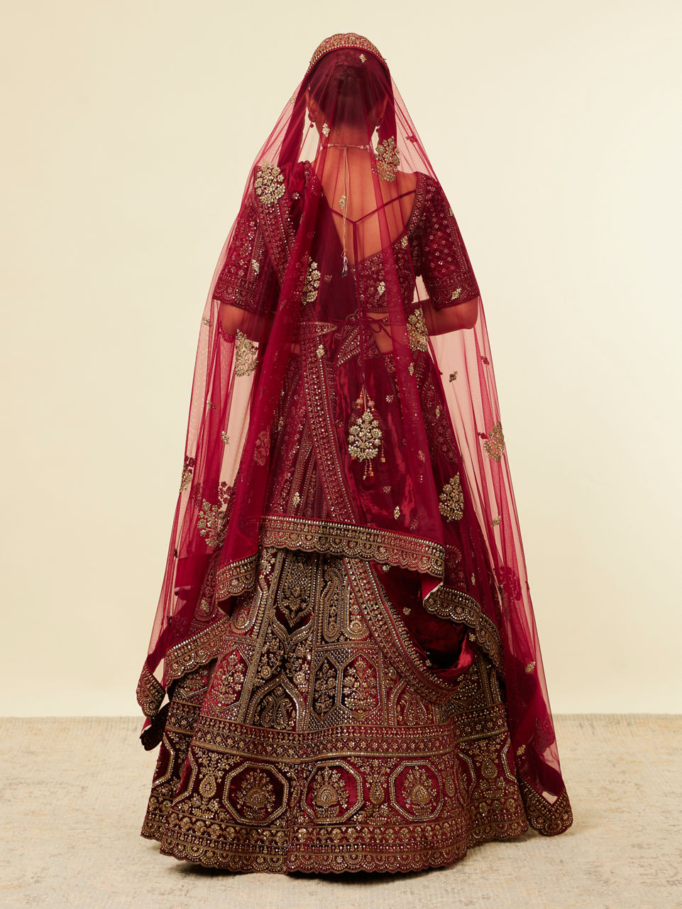 Mohey Women Maroon Paisley Floral Embroidered Bridal Lehenga