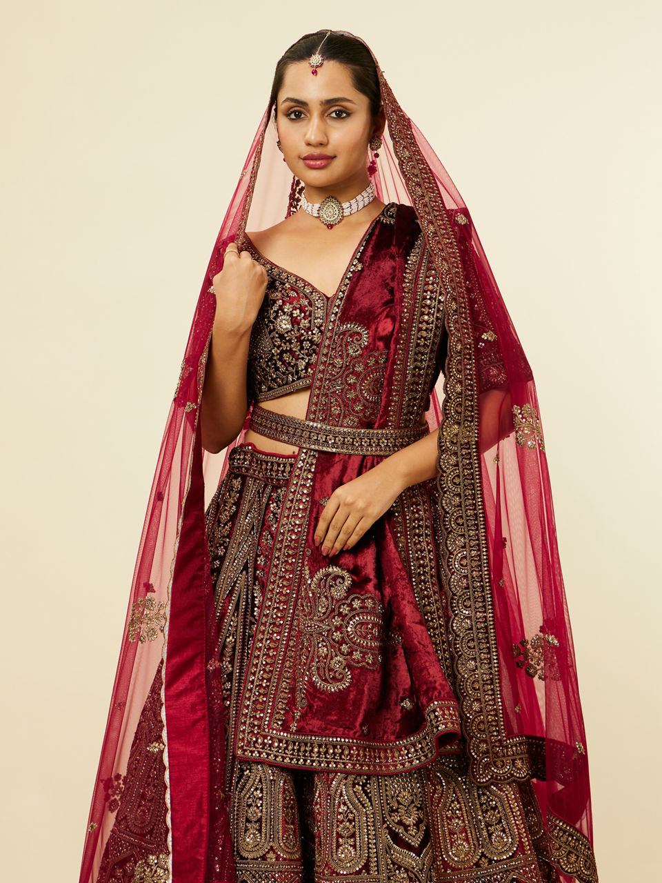 Mohey Women Maroon Paisley Floral Embroidered Bridal Lehenga
