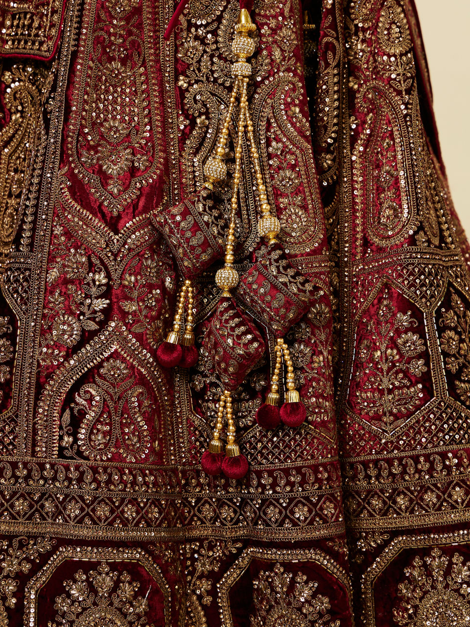 Mohey Women Maroon Paisley Floral Embroidered Bridal Lehenga