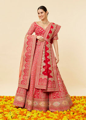 Mohey Women Tomato Red Bel Buti Embroidered Bridal Lehenga