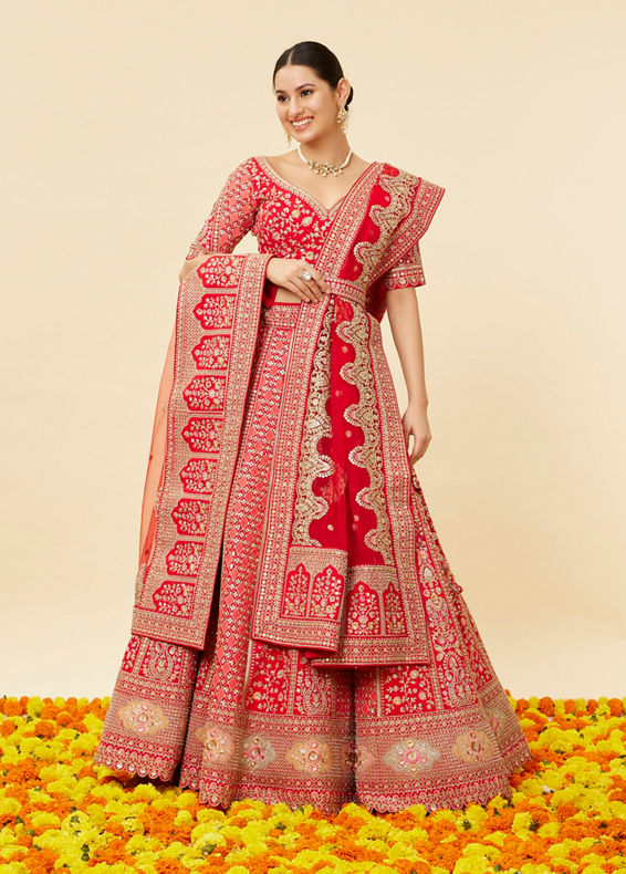 Mohey Women Tomato Red Bel Buti Embroidered Bridal Lehenga