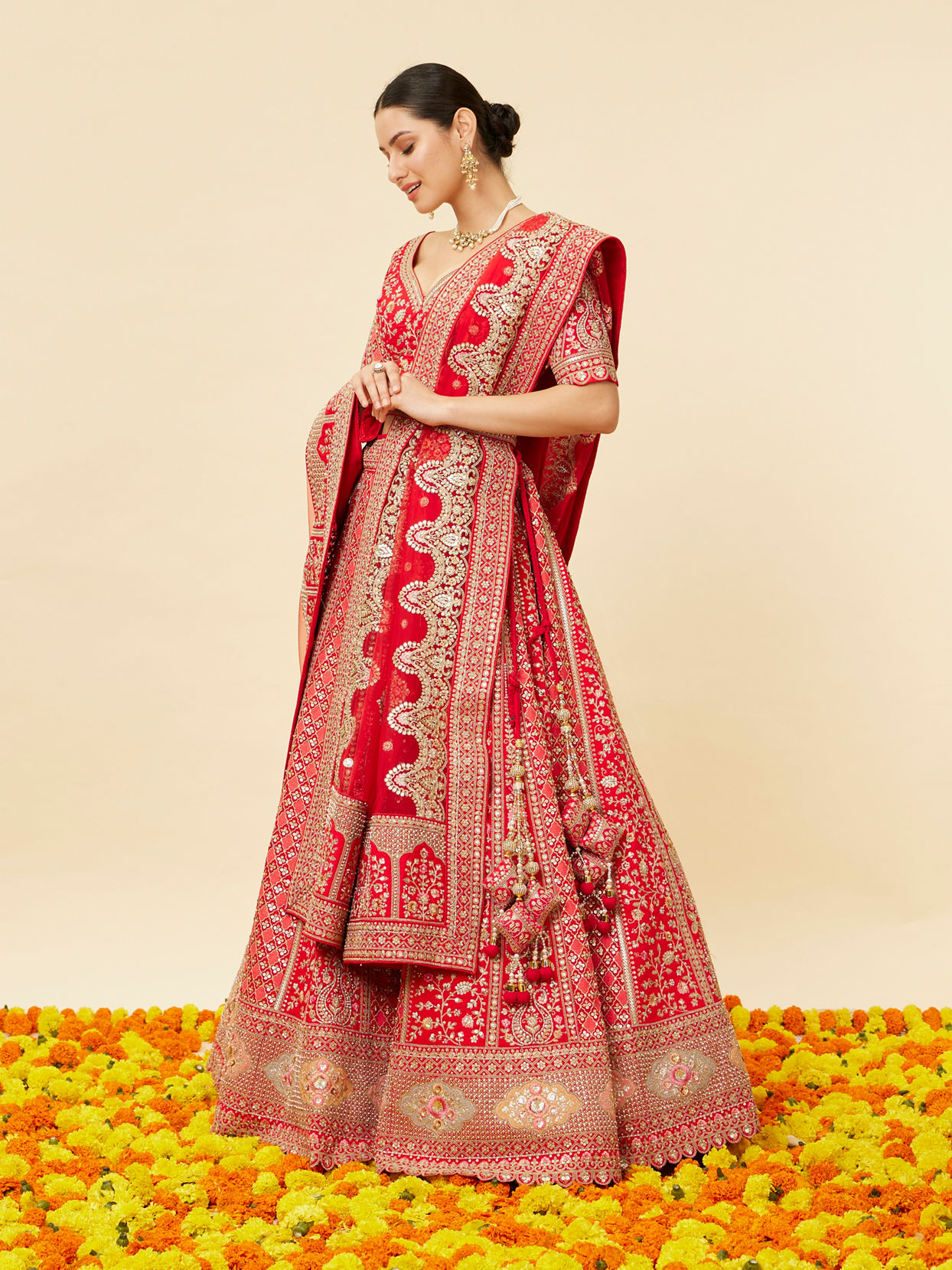 Mohey Women Tomato Red Bel Buti Embroidered Bridal Lehenga image number 2