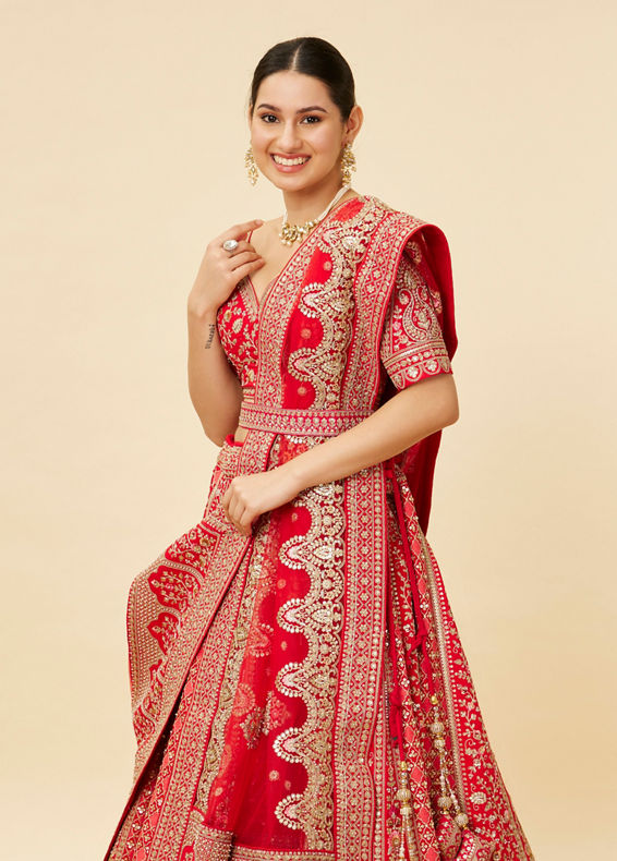 Mohey Women Tomato Red Bel Buti Embroidered Bridal Lehenga
