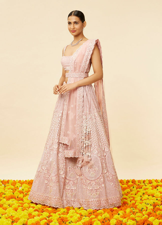 Mohey Women Blush Pink Rhinestone and Sitara Embroidered Bridal Lehenga