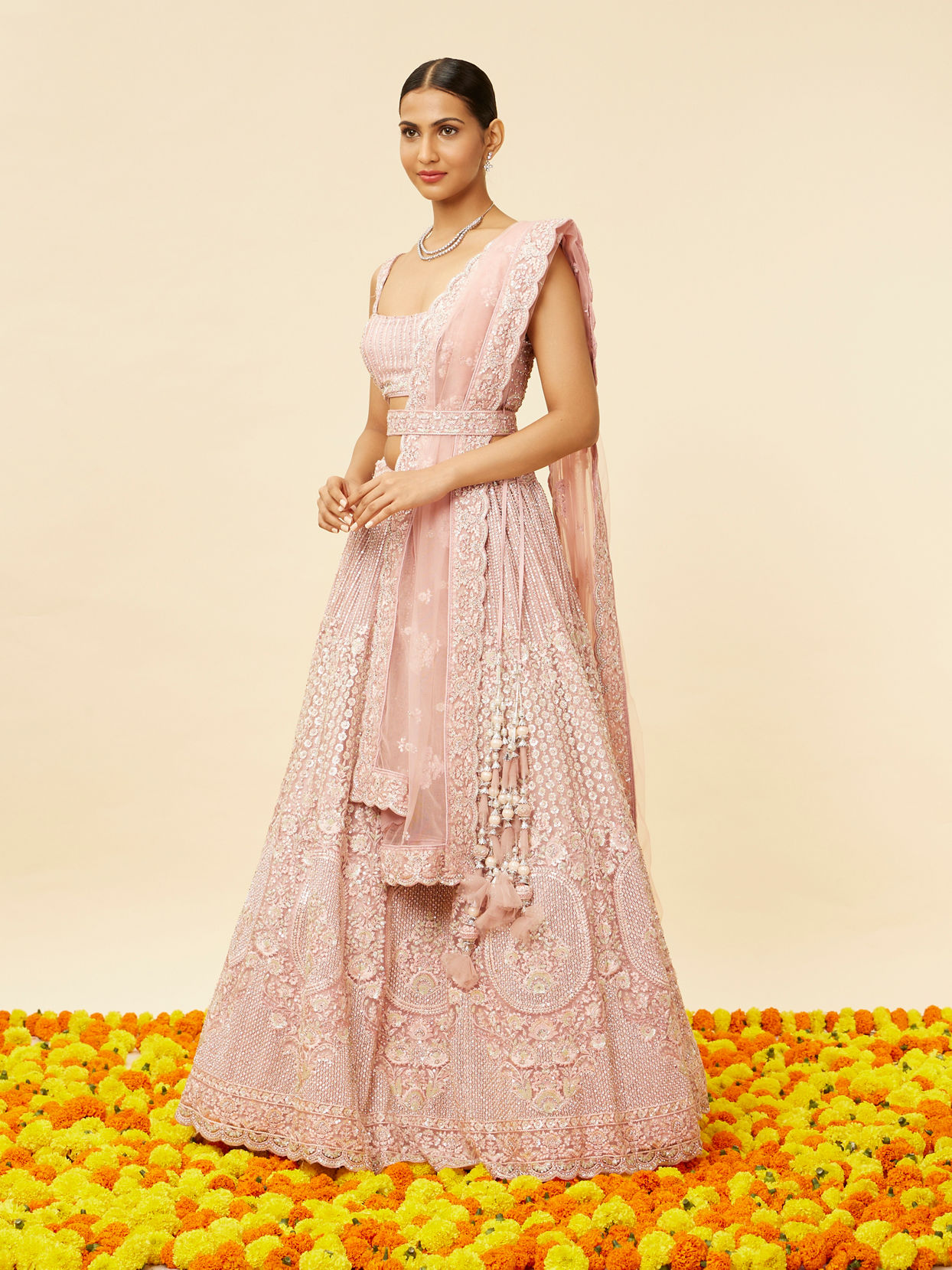 Mohey Women Blush Pink Rhinestone and Sitara Embroidered Bridal Lehenga