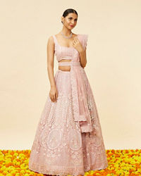 Mohey Women Blush Pink Rhinestone and Sitara Embroidered Bridal Lehenga