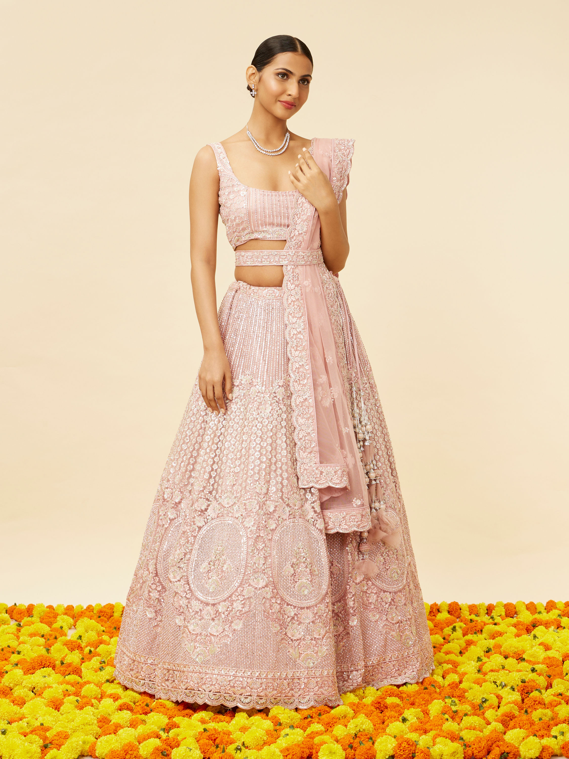 Mohey Women Blush Pink Rhinestone and Sitara Embroidered Bridal Lehenga